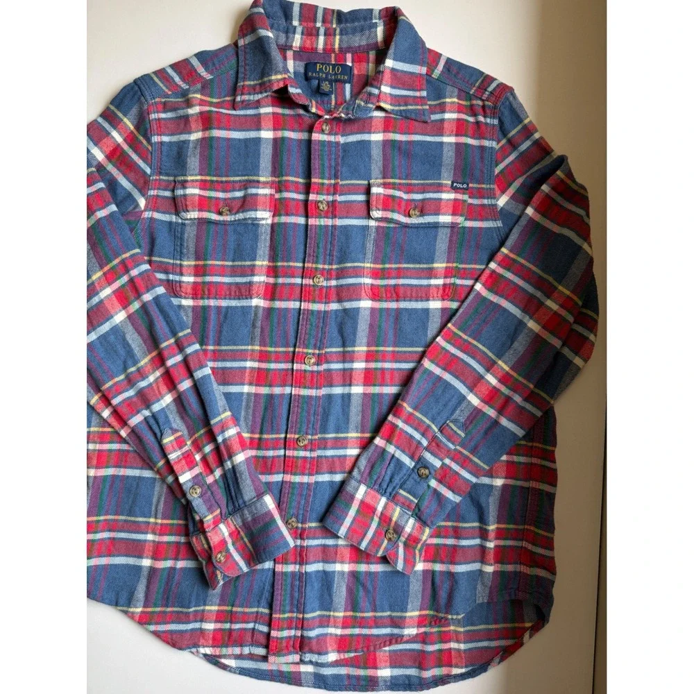 Polo Ralph Lauren Boys Flannel Shirt Plaid Button Down Blue Red Large 14-16